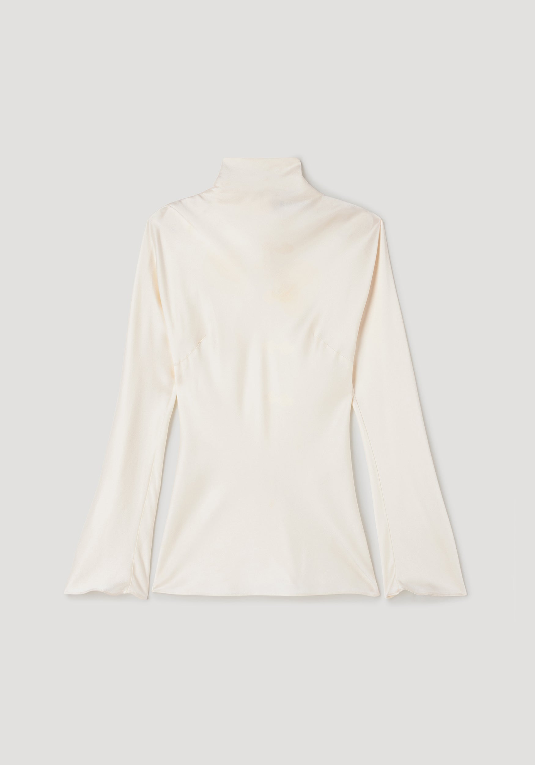 Satin waisted top | cream with long sleeves and a high neckline, featuring a smooth, shiny fabric and a fitted waist for an elegant look.