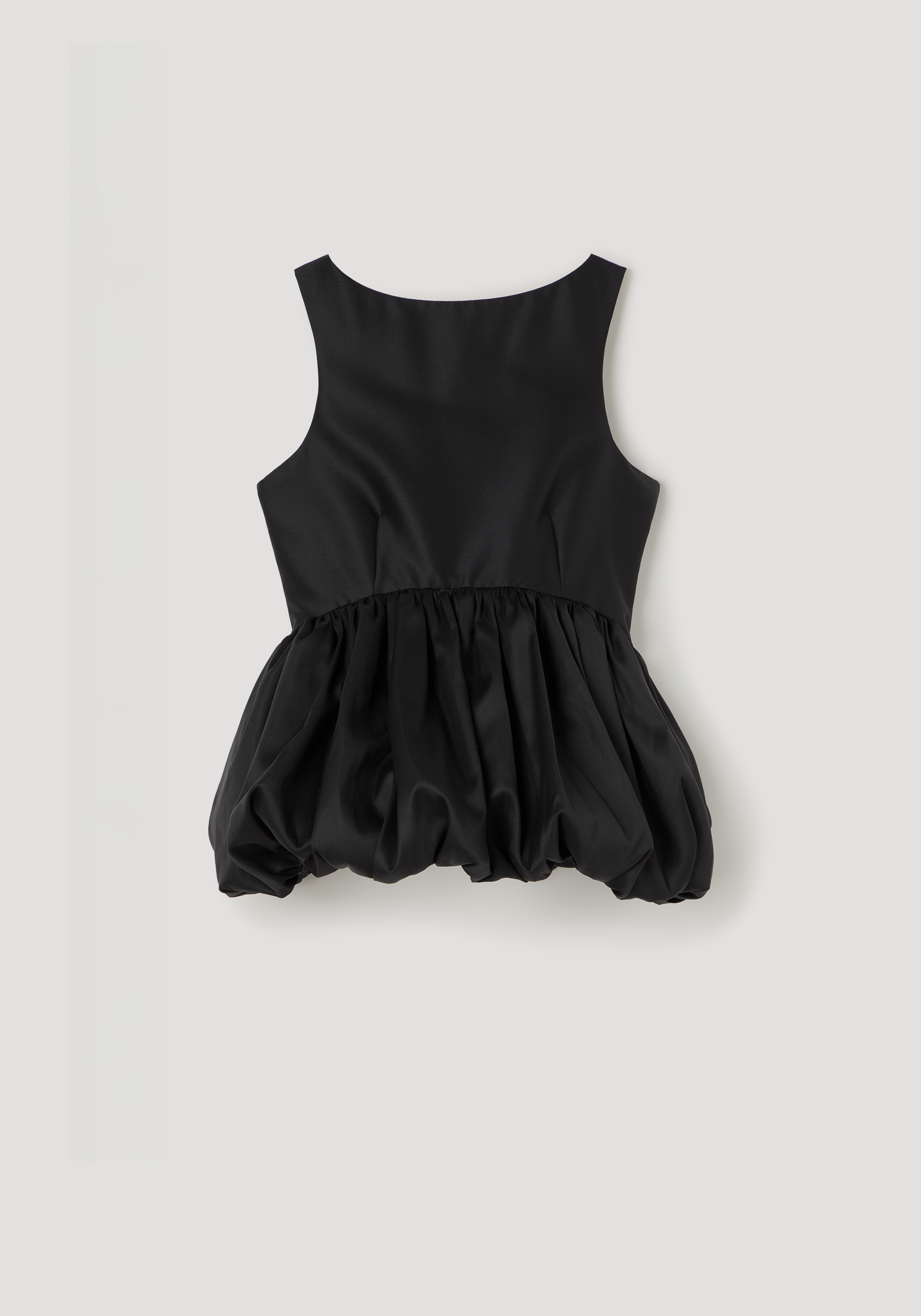 Voluminous boat-neck top | black with a fitted sleeveless bodice and a gathered, puffed hem creating a voluminous silhouette, displayed flat on a light background.