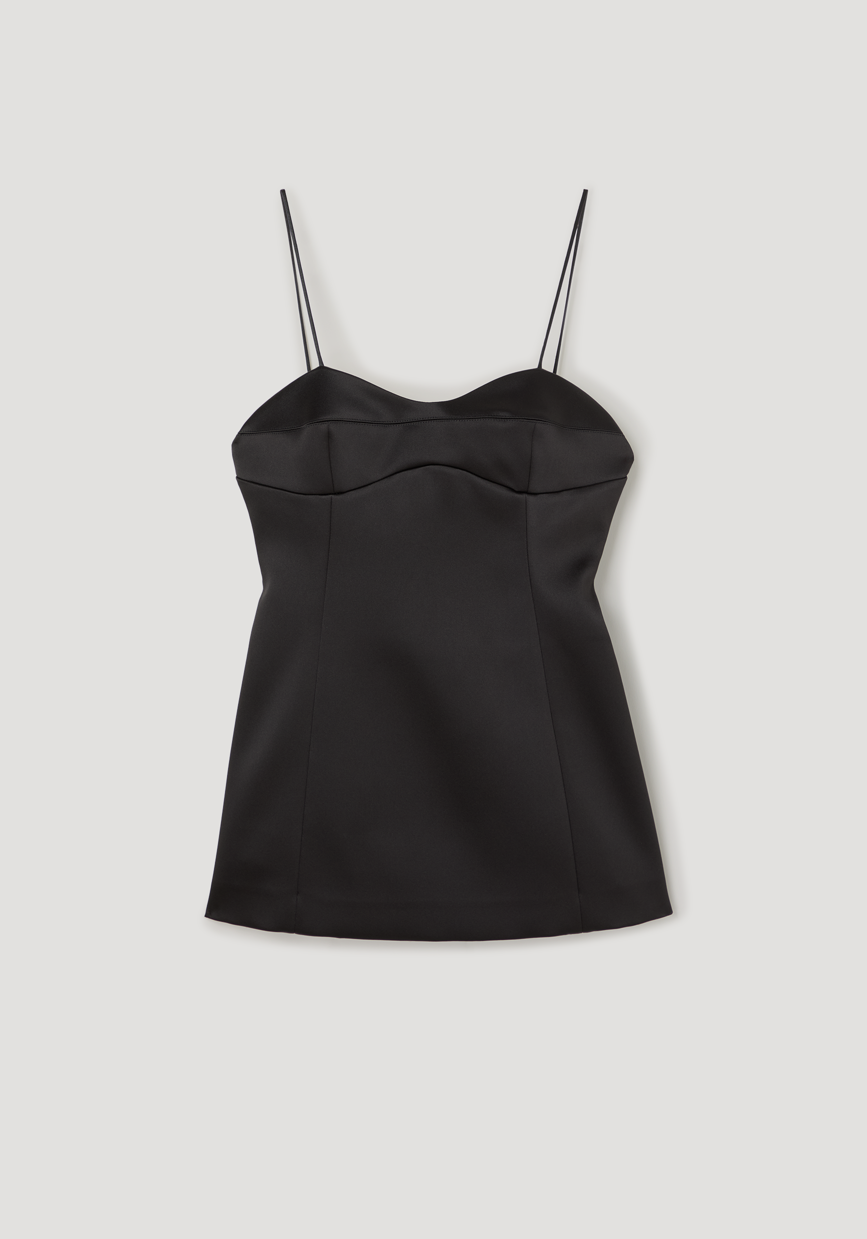 Bustier top | black satin bustier top with thin spaghetti straps and structured seams, designed for a fitted and elegant silhouette.