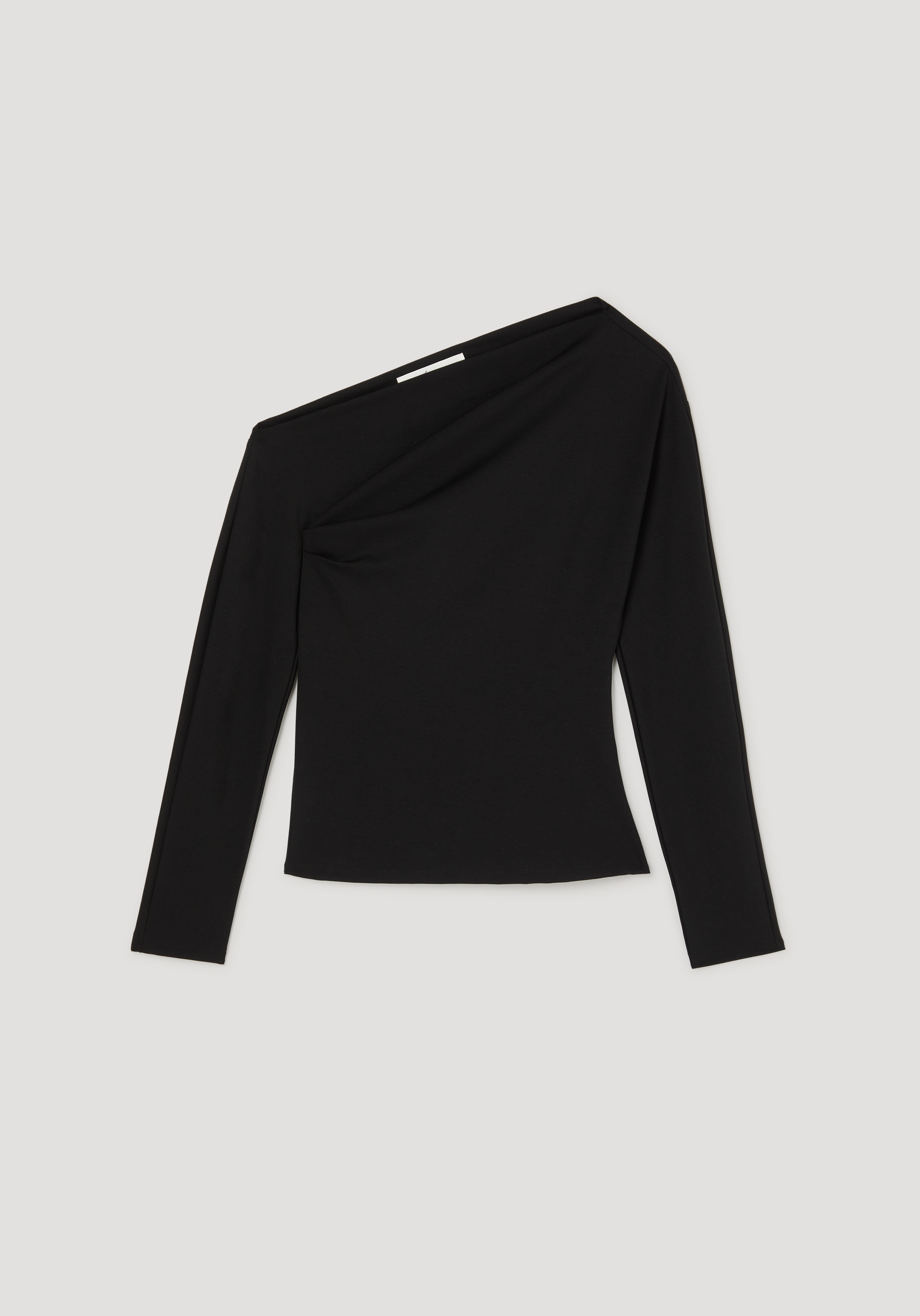 Twisted jersey top | black with long sleeves, featuring an asymmetrical neckline and a fitted silhouette, displayed on a neutral background.