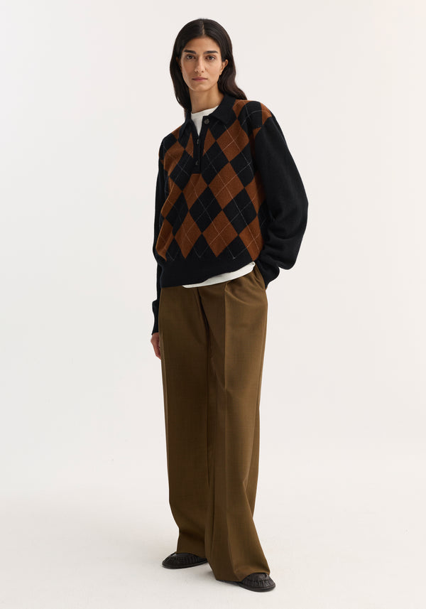 Compact knitted check polo | black rust check