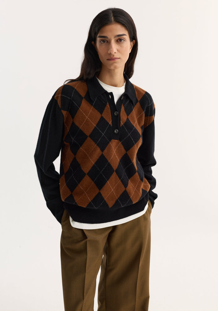 Compact knitted check polo | black rust check