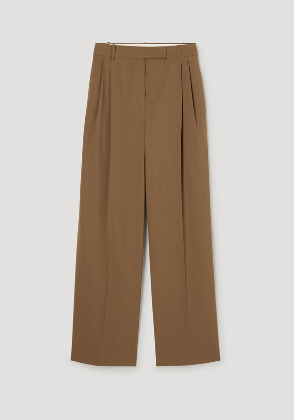 Mid-waist tailored trousers in mocha with belt loops, hidden-button closure, inverted pleats, and wide-leg silhouette, crafted from virgin wool and polyester blend.