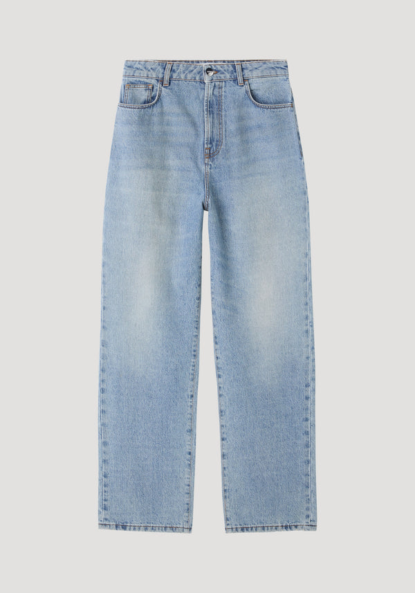 Baggy fit denim in classic blue, showcasing a low-waist, wide-leg style with five-pocket design, button-and-zip fly, and subtle faded detailing.