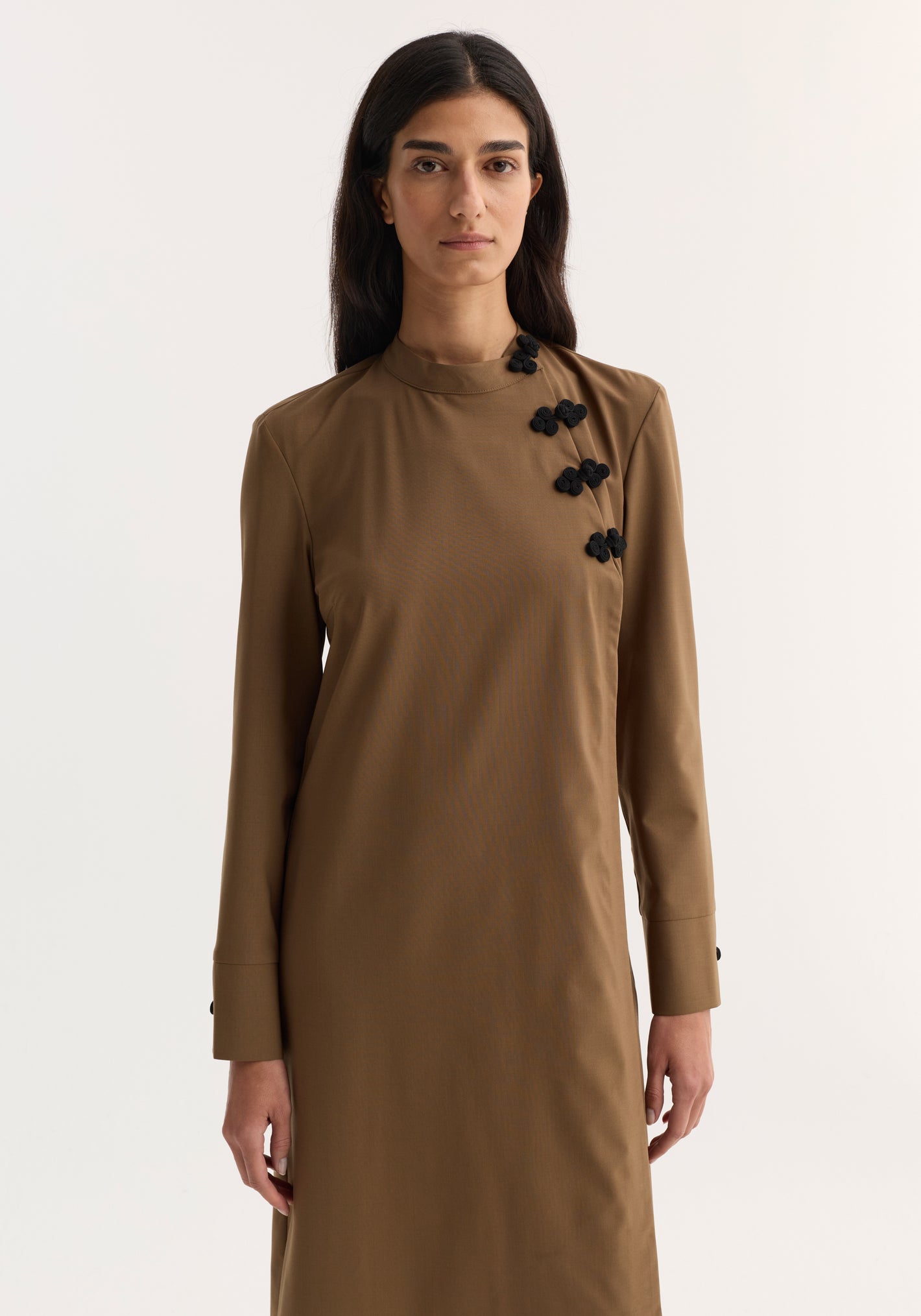Model wearing Pankou closure dress | mocha, featuring long sleeves, high neck, decorative frog closures, tailored fit, and minimalist style against a plain background.
