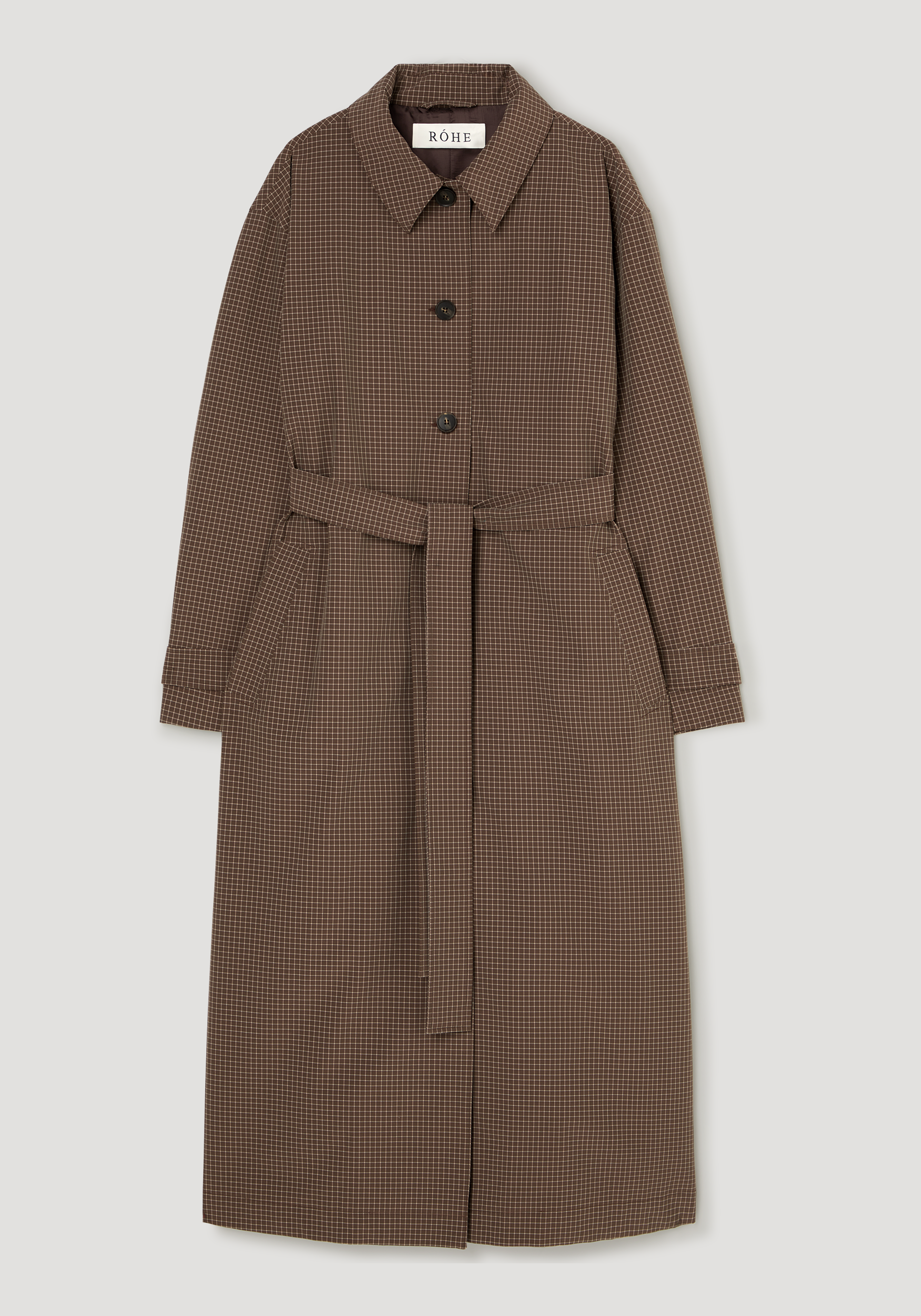 Technical check belted coat | brown multi check in a long silhouette with a classic collar, button-front closure, adjustable belt at the waist, and a subtle checkered pattern.