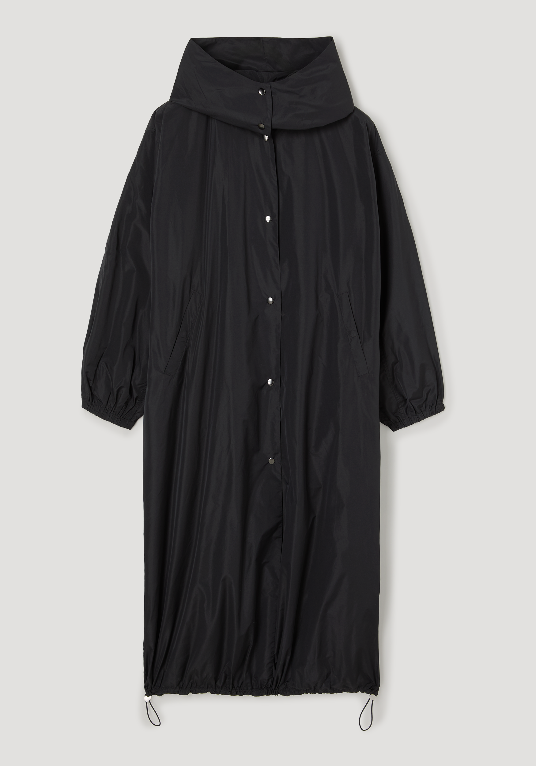 Black parachute silk-blend coat | black with a high collar, long sleeves with elastic cuffs, front snap buttons, side pockets, and adjustable drawstrings at the hem.