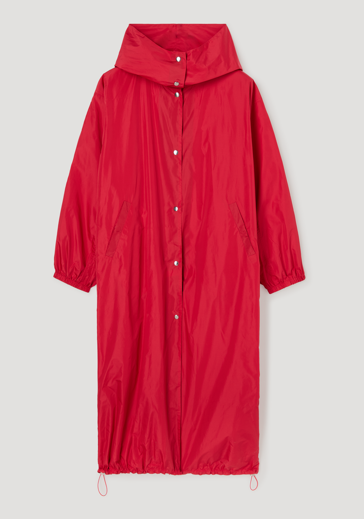 Parachute silk-blend coat | red: oversized raincoat with a hood, snap-button closures, elasticated cuffs, and drawcord hem, crafted from a silk-blend fabric.