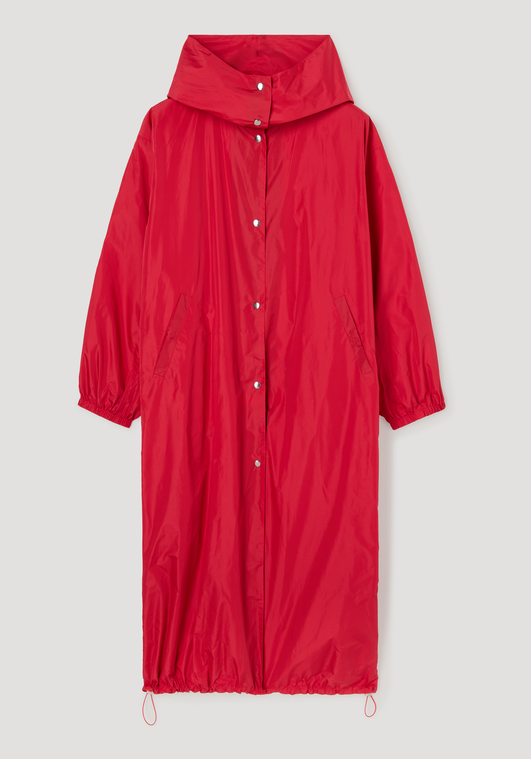 Front view of a long, red parachute silk-blend coat with a high collar, snap-button closure, side pockets, elastic cuffs, and adjustable drawstrings at the hem, labeled Parachute silk-blend coat | red.