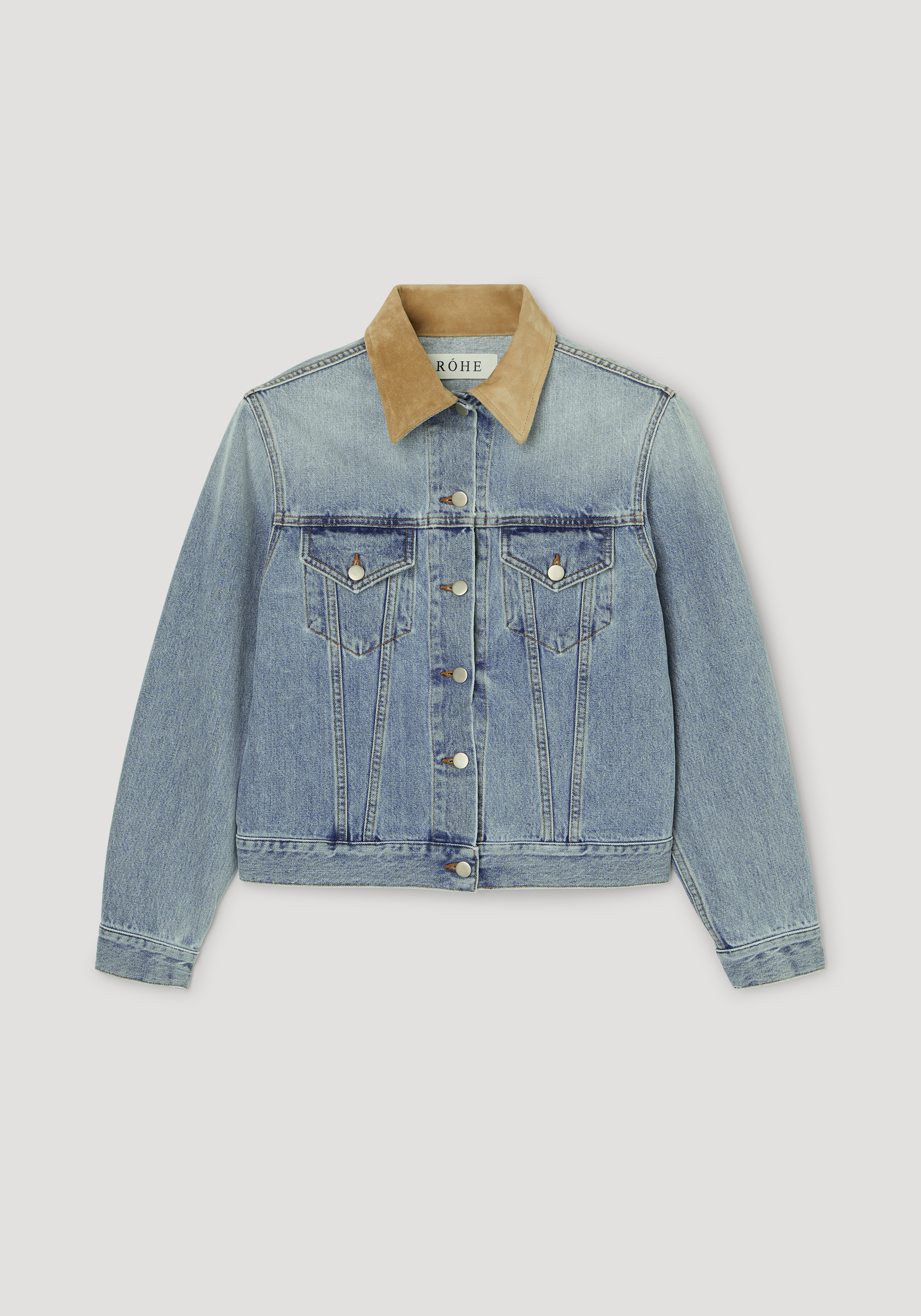 Suede collar fitted denim jacket | classic blue featuring a light blue denim body with contrasting tan suede collar, button front closure, and chest flap pockets.
