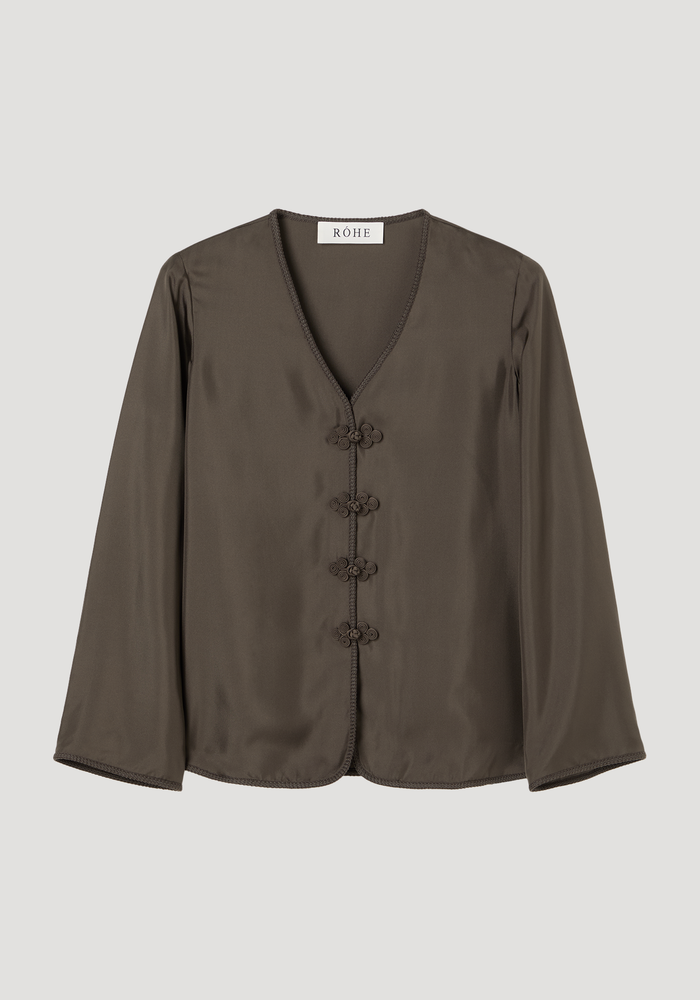 Pankou closure silk top | earth, featuring a V-neck, frog button closures, and embroidered edges in light silk, ideal for layering and casual wear.
