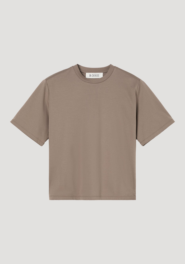 Oversized cotton silk t-shirt | taupe, featuring a short-sleeve, crew-neck design with dropped shoulders, crafted from a cotton-silk blend for a relaxed, fluid drape.