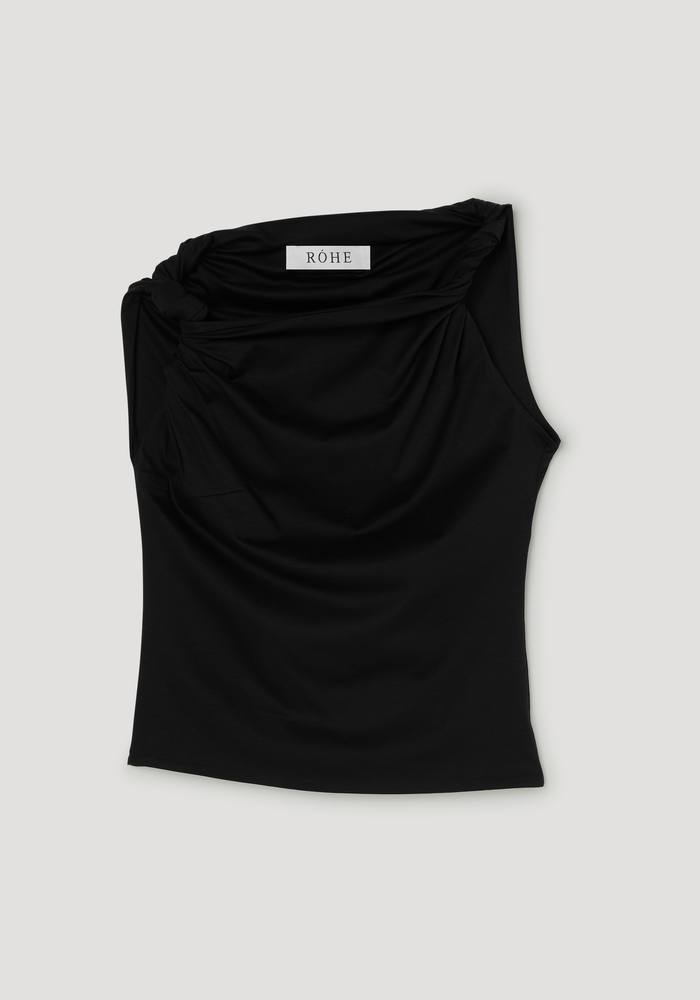 Sculptural cotton silk top | black, showcasing a draped-neck with twisted straps, soft asymmetry, and a relaxed silhouette. Features a visible RÓHE label.