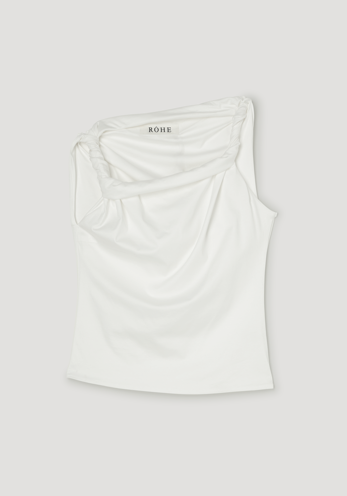 Sculptural cotton silk top with a cowl neckline, sleeveless twist detail, and off-shoulder asymmetry, featuring a RÓHE label inside back.