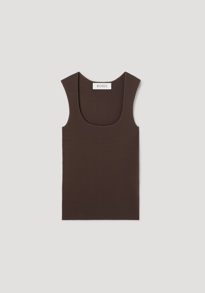 Bustier shaped knitted top in dark chocolate with a scoop neckline, sleeveless design, and a woven “RÓHE” label at the back neck.