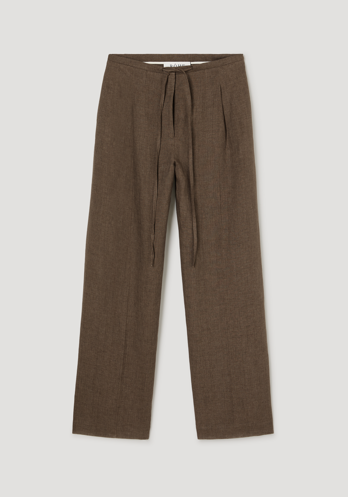 Relaxed drawstring trousers in linen-textured fabric, featuring a high waist, self-fabric drawstring, and subtle pleats, showcasing a wide-leg, comfortable fit.