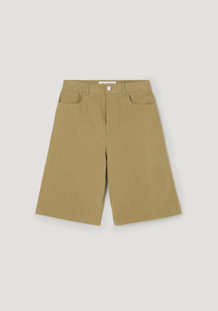 Baggy fit denim shorts | sage, knee-length with a relaxed, baggy fit. Features five-pocket design, button-zip closure, belt loops, and subtle fabric tone variations.