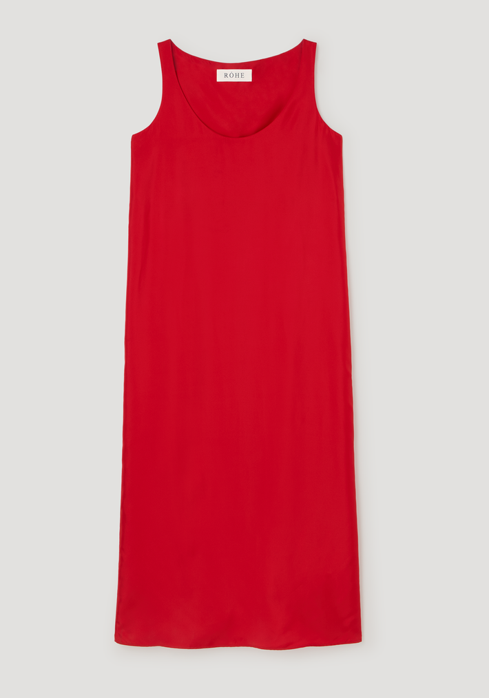 Silk scoop-neck dress | red, sleeveless, floor-length slip-style with a deep scoop neckline, crafted from 100% silk, laid flat, showcasing its elegant, relaxed silhouette.