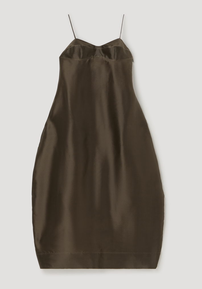 Sheer bustier volume dress | earth: A sleeveless slip-style dress with a sweetheart bust seam, thin adjustable straps, and knee-length straight silhouette in silk organza.