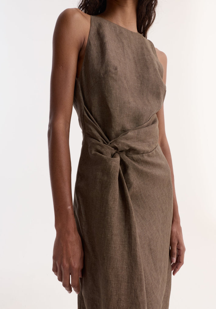 Sarong dress in brown melange, featuring a sleeveless design, high neckline, and a gathered knot at the waist for an elegant drape.
