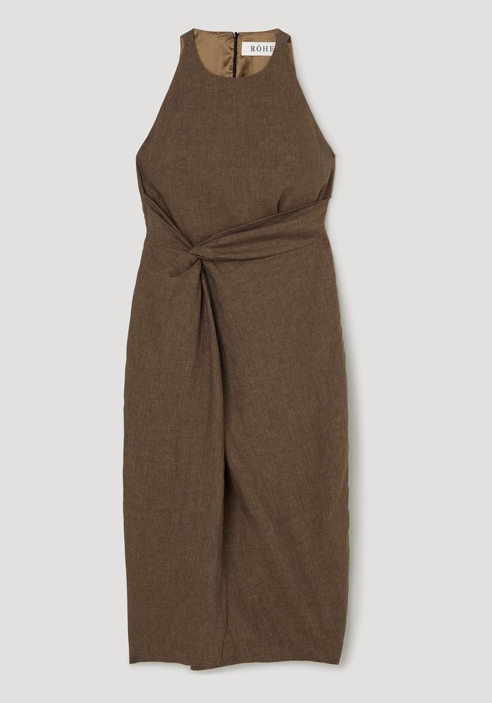 Women's Sarong dress | brown melange: sleeveless, midi-length with high neckline, self-fabric belt knotted at front, and concealed back zipper. 100% linen.