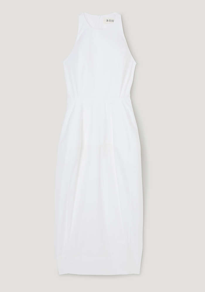 Sculptural poplin dress in optic white, sleeveless with a high neck, fitted waist, trapezium-shaped skirt, and back split for movement. Made from 100% cotton.