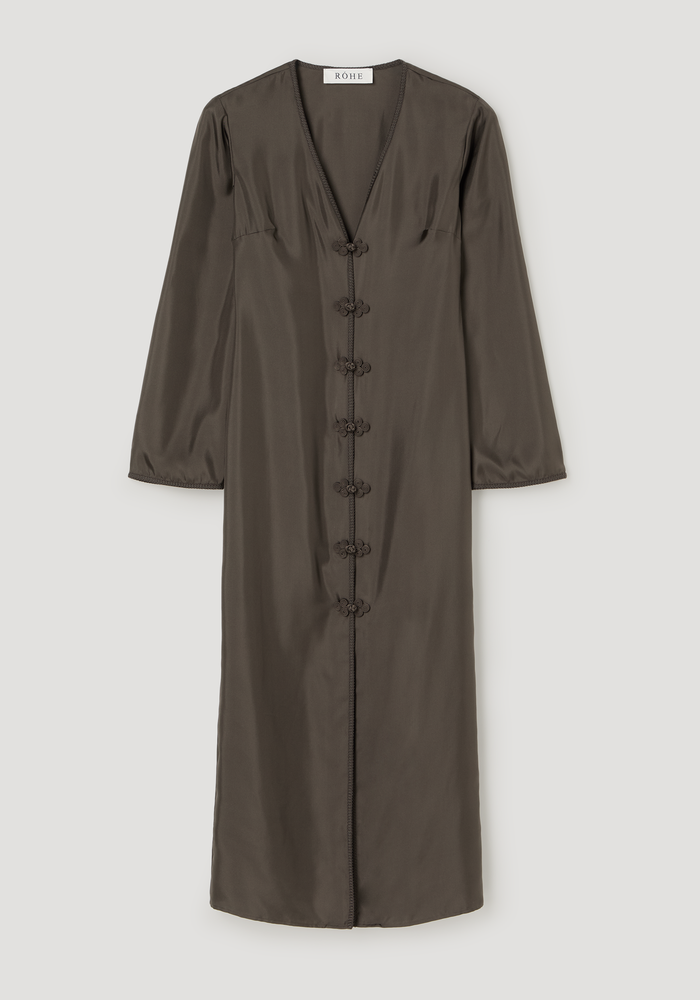 Pankou closure silk dress | earth: A floor-length olive-brown silk dress with V-neck, three-quarter sleeves, decorative frog buttons, and a high front split.