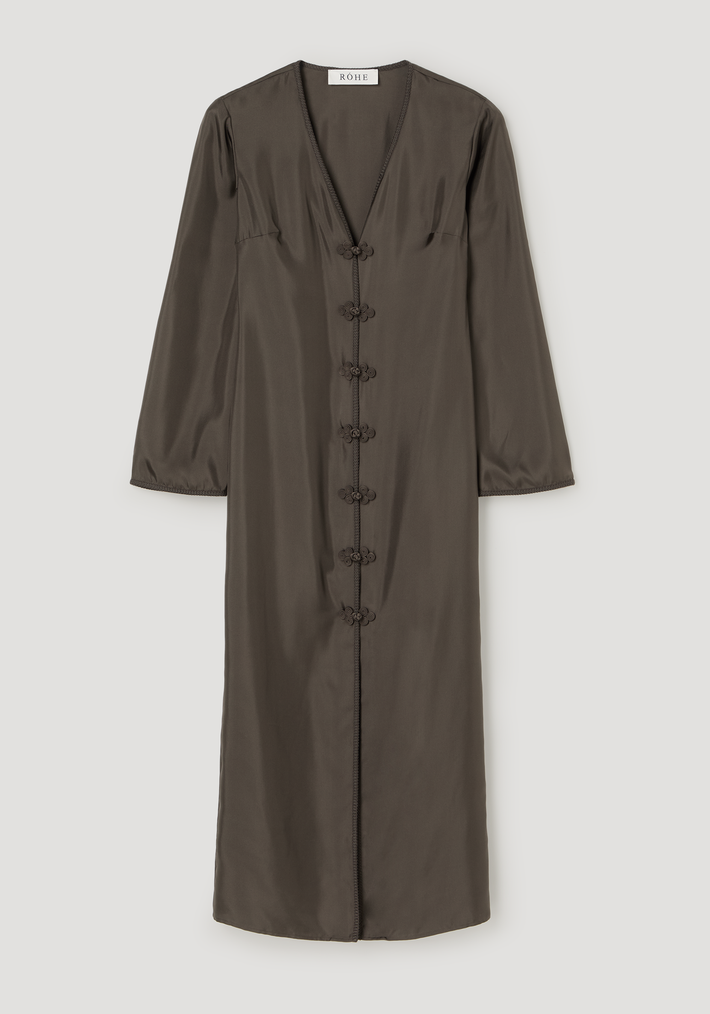 Pankou closure silk dress | earth: A floor-length olive-brown silk dress with V-neck, three-quarter sleeves, decorative frog buttons, and a high front split.