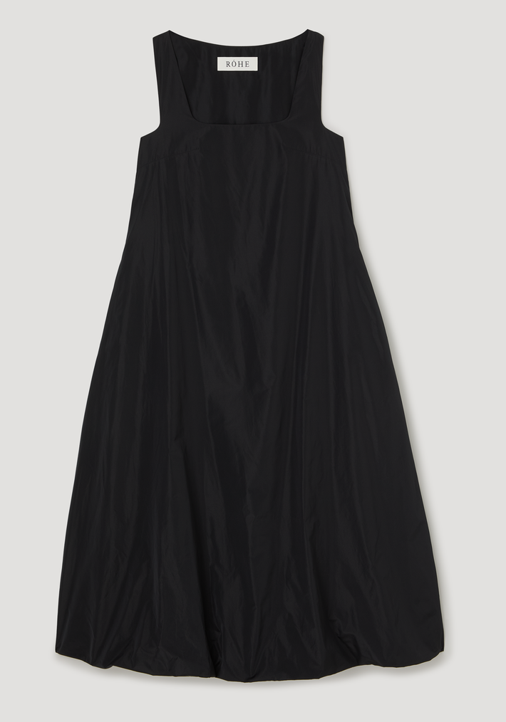 Technical volume dress | black: A sleeveless, maxi-length dress with wide straps, square neckline, and balloon hemline. Made of 75% polyester, 25% silk.