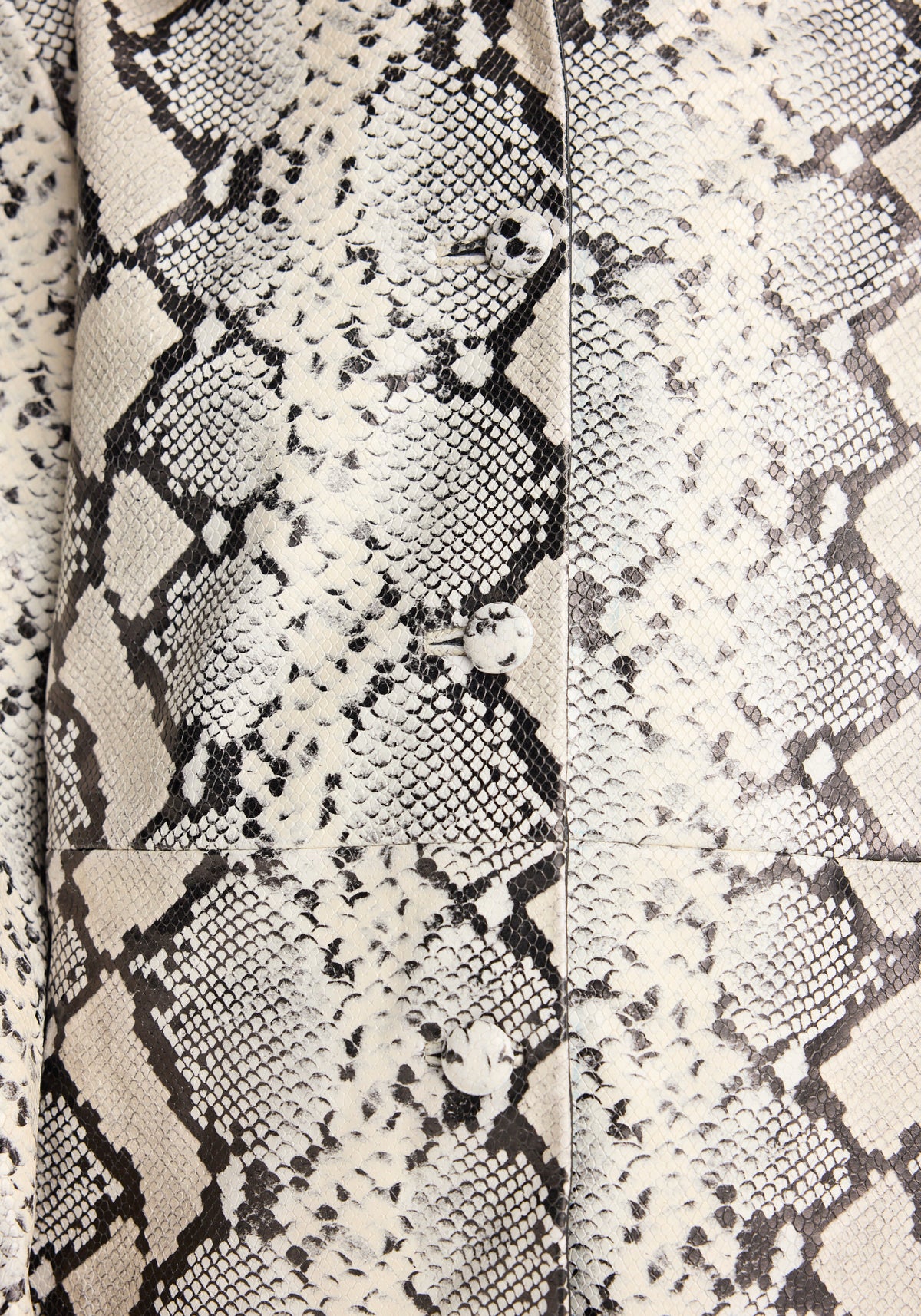Snakeskin leather coat | snakeskin close up showing textured cream and black scales with front buttons and leather panel detailing