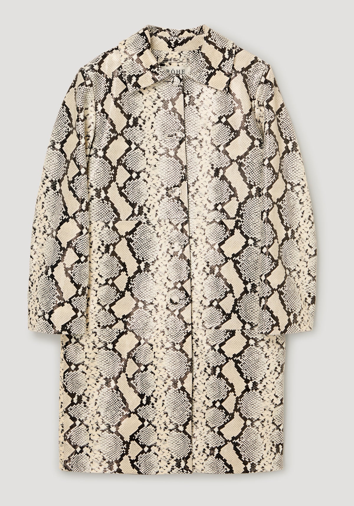 Snakeskin leather coat | snakeskin shown in a full length front view with a beige and black snakeskin pattern long sleeves and a button front