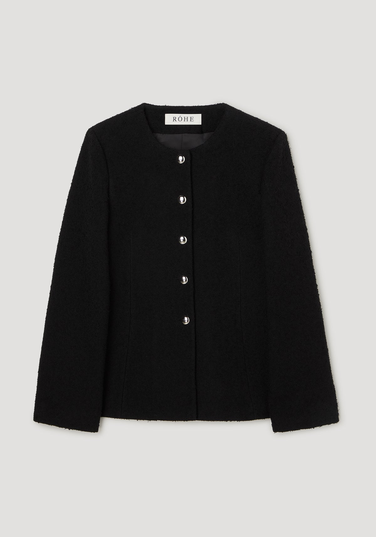 Bouclé shaped blazer | black shown flat against a light background, featuring a collarless neckline, long sleeves, front button fastening, and a shaped silhouette
