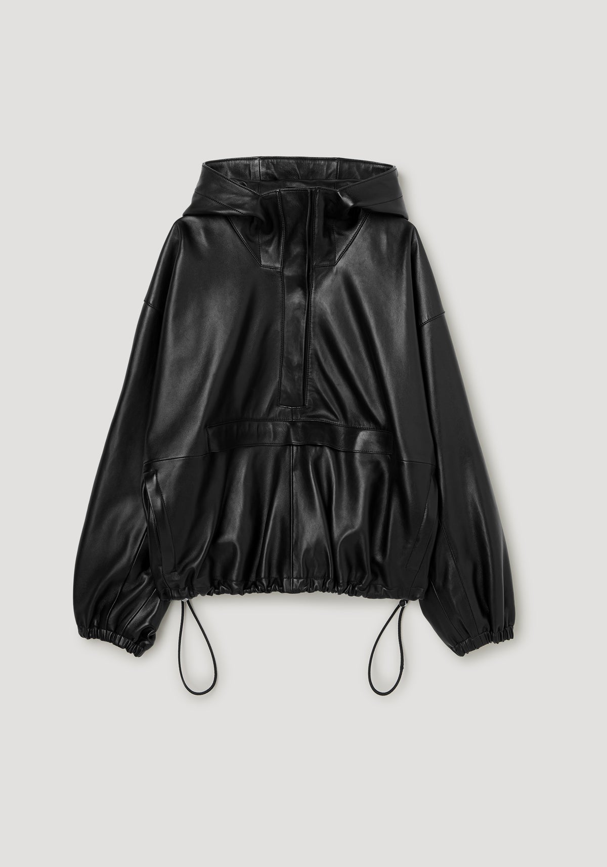 Leather oversized anorak | black with a high collar, front zip, gathered hem, elastic cuffs, and adjustable drawcords in a smooth black leather finish