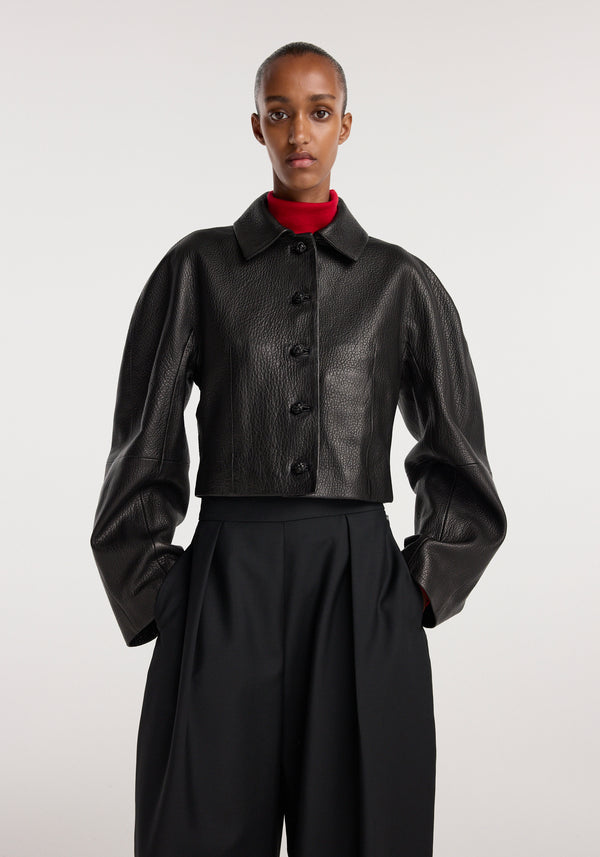 Rounded grain leather cropped jacket | black