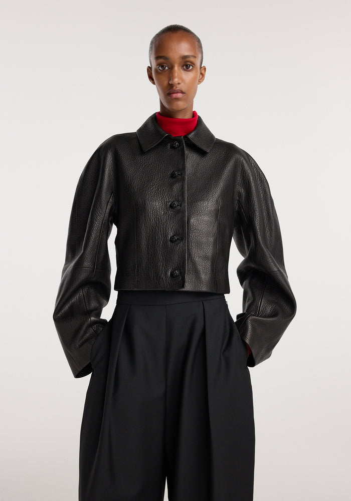Rounded grain leather cropped jacket | black