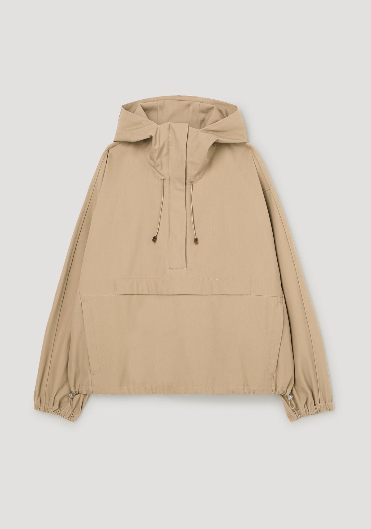 Hooded anorak | beige with an adjustable hood, front zip closure, kangaroo pocket, drawstring details, and elastic cuffs and hem against a light background