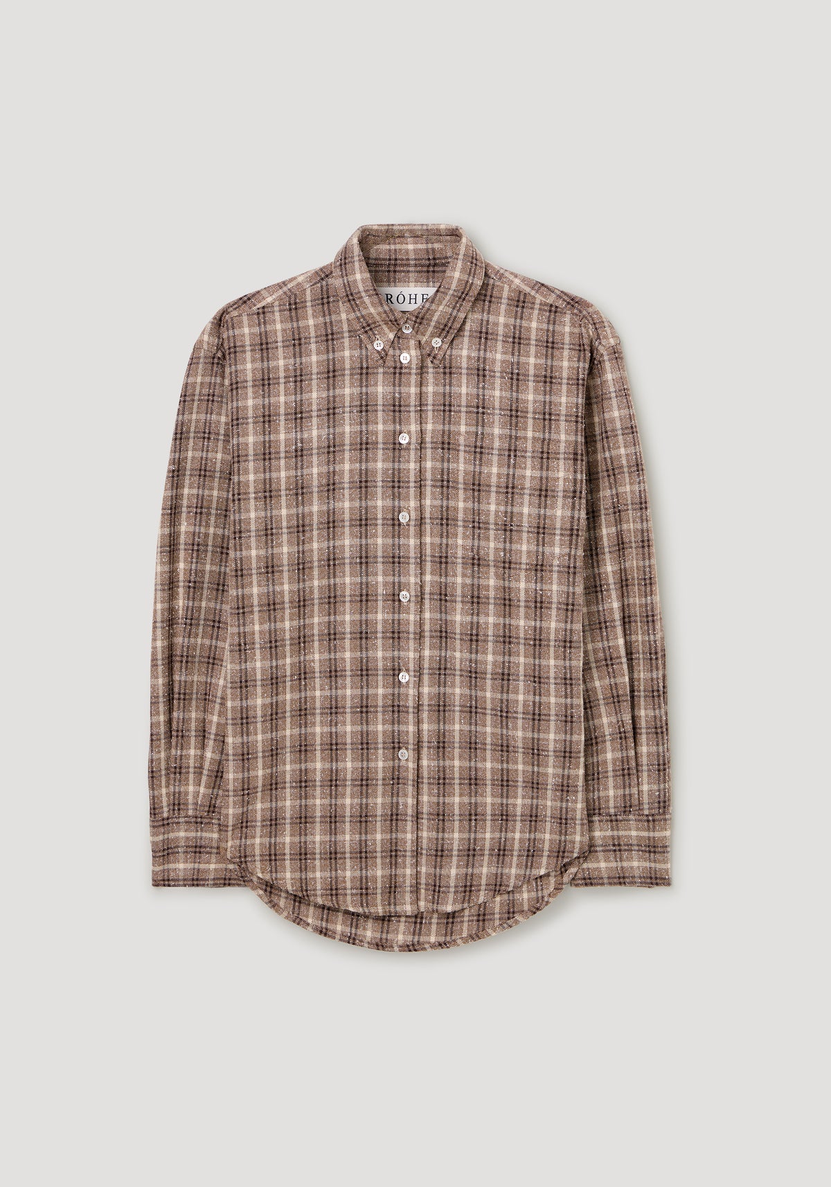 Oxford bouclé check shirt | boucle check in brown plaid bouclé fabric with button front band collar long sleeves and curved hem