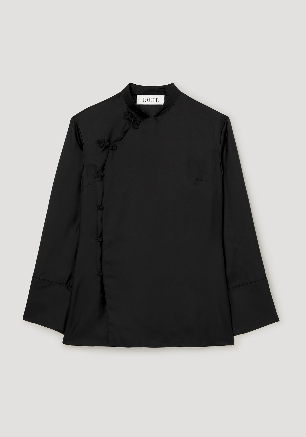 Pankou closure silk top | black shown flat with a high collar long sleeves and traditional knot closures along the front