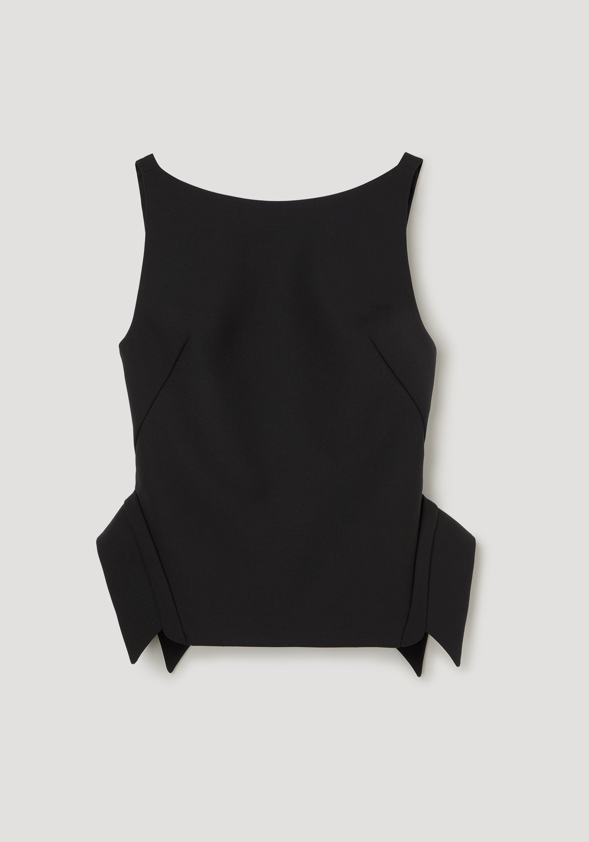 Deconstructed collar top | black shown flat with a sleeveless silhouette and sculptural pointed side panels