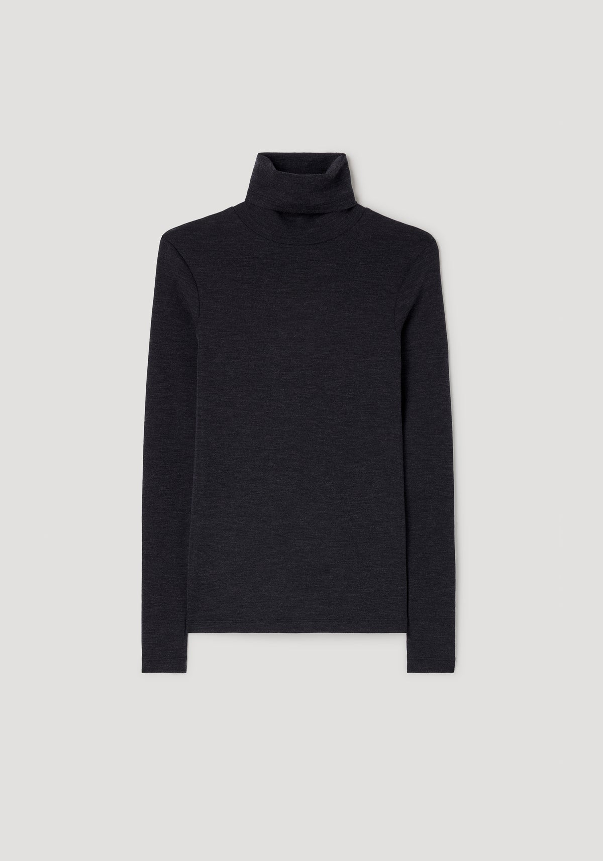 Fine merino turtleneck | anthracite melange shown flat against a light background, featuring long sleeves and a soft, high collar in a dark grey color.