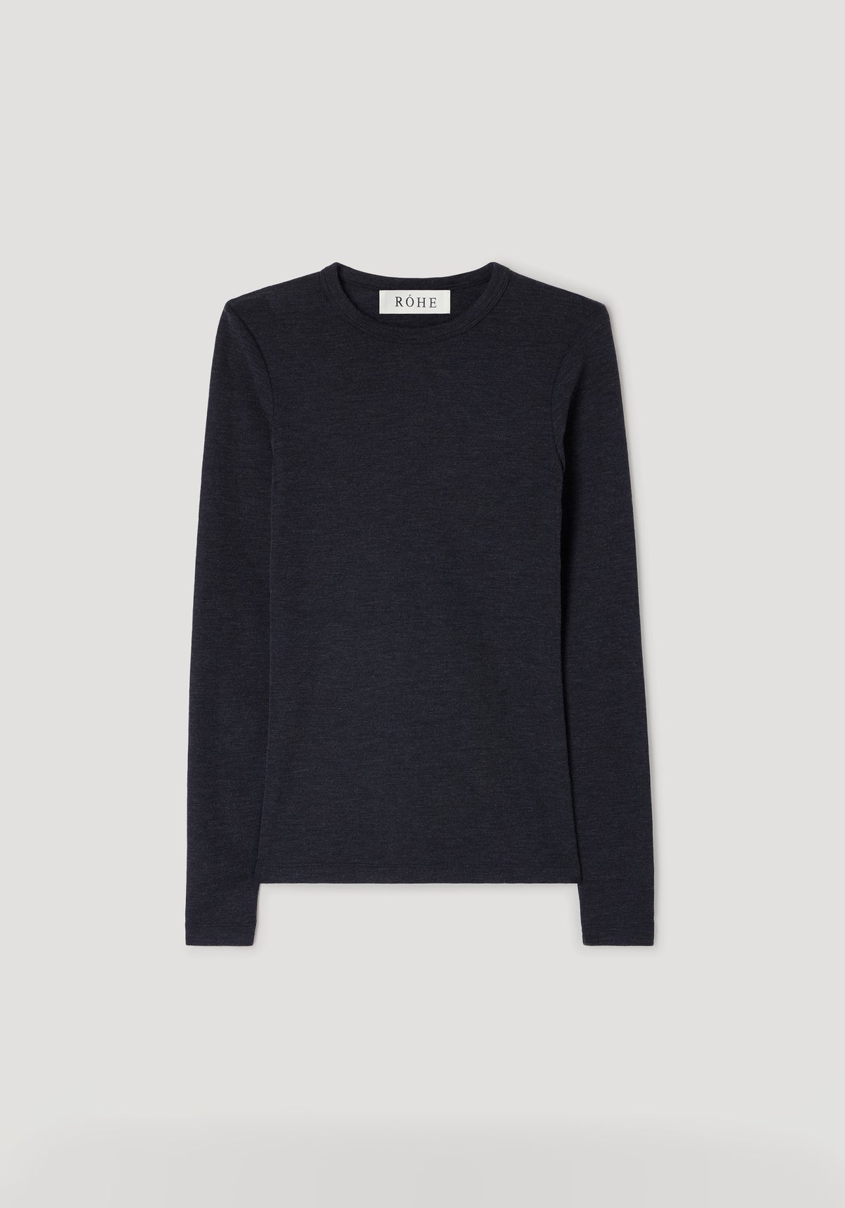 Fine merino long sleeve | anthracite melange displayed flat, showcasing its dark grey melange knit fabric and long fitted sleeves with a round neckline.