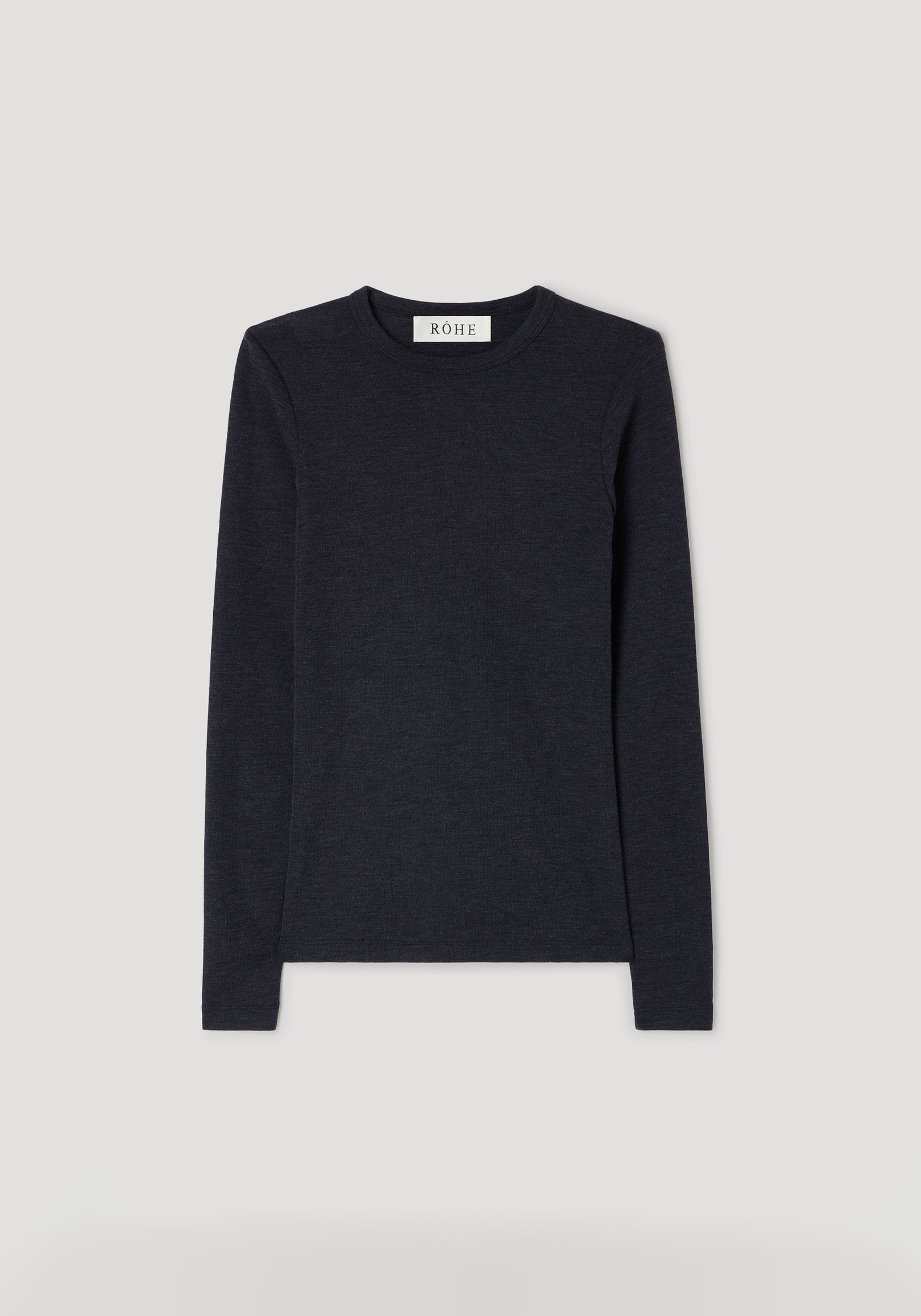 Fine merino long sleeve | anthracite melange displayed flat, showcasing its dark grey melange knit fabric and long fitted sleeves with a round neckline.