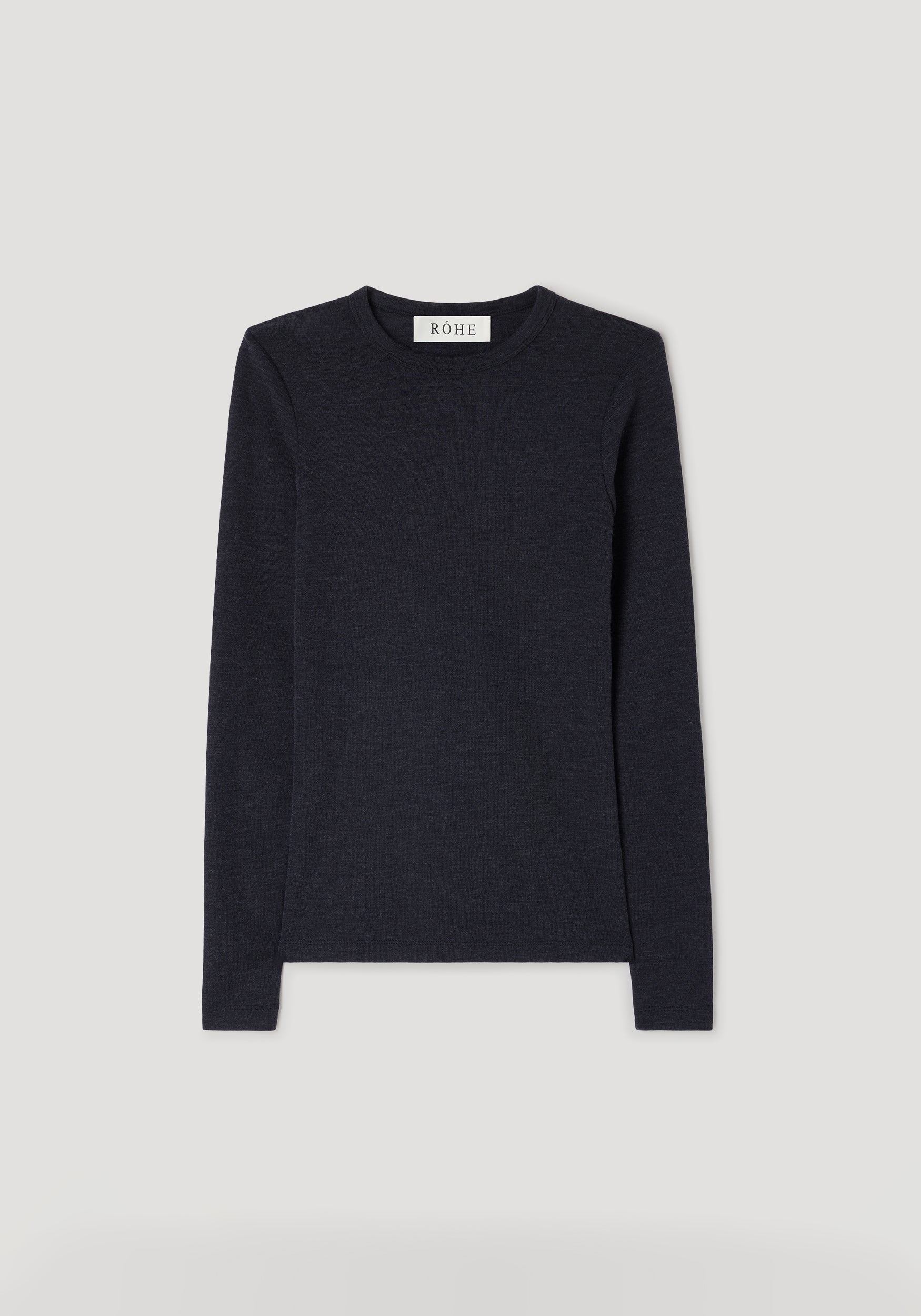Fine merino long sleeve | anthracite melange displayed flat, showcasing its dark grey melange knit fabric and long fitted sleeves with a round neckline.