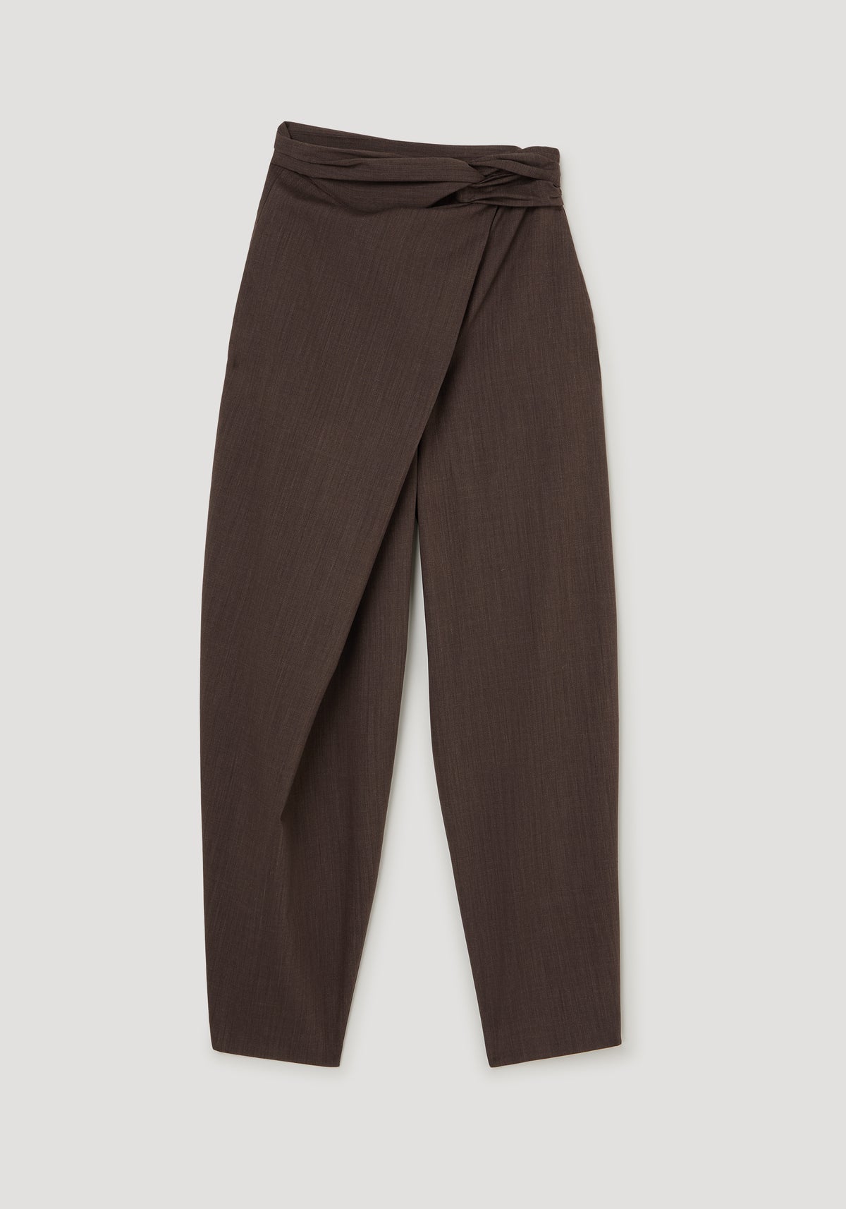 Sarong knot trousers | dark brown, front view showing wide legs, overlapping sarong style wrap and tied waistband on a light background