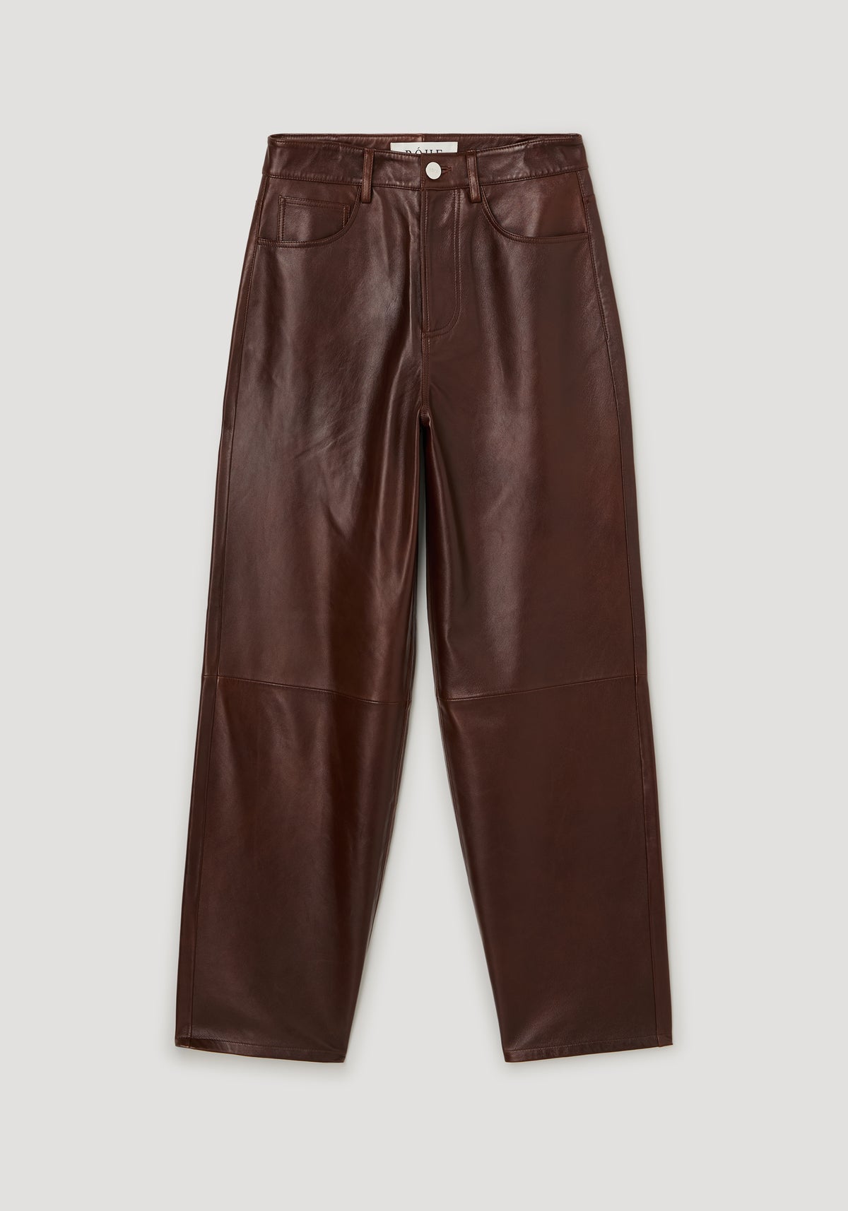 Bruun - Signature baggy leather trousers | tobacco, front view of relaxed leather trousers in a dark brown finish with five pocket styling and wide legs