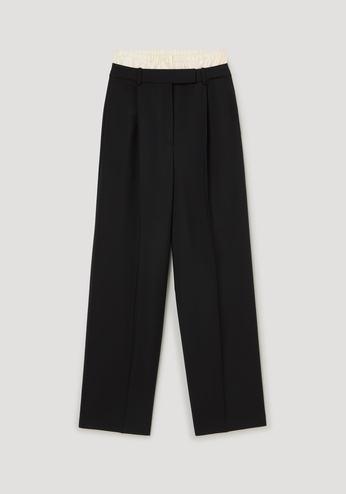 Boxer detailed trousers | black shown front on with a high waist pleated front and straight wide legs against a light background