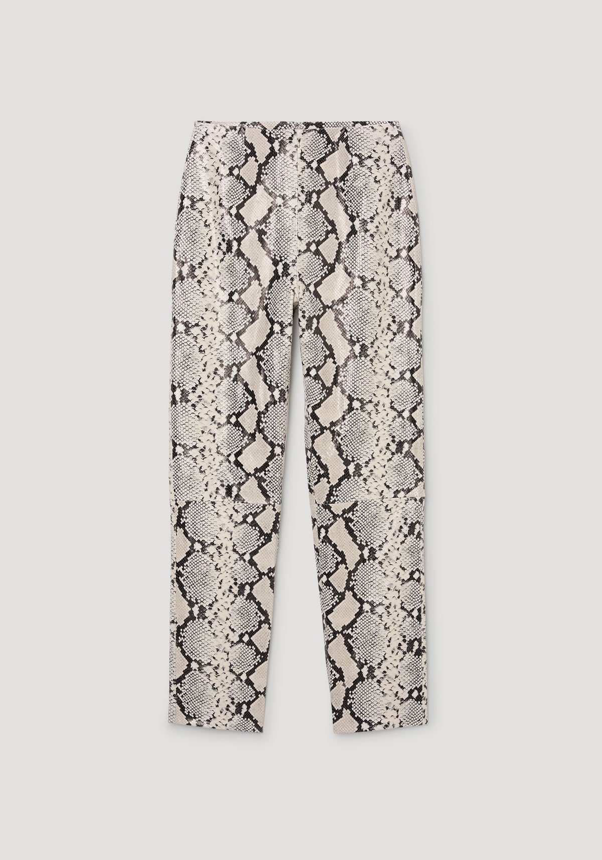 Snakeskin leather trousers | snakeskin featuring a neutral beige and black snakeskin pattern, straight legs, and a classic five pocket design against a plain background
