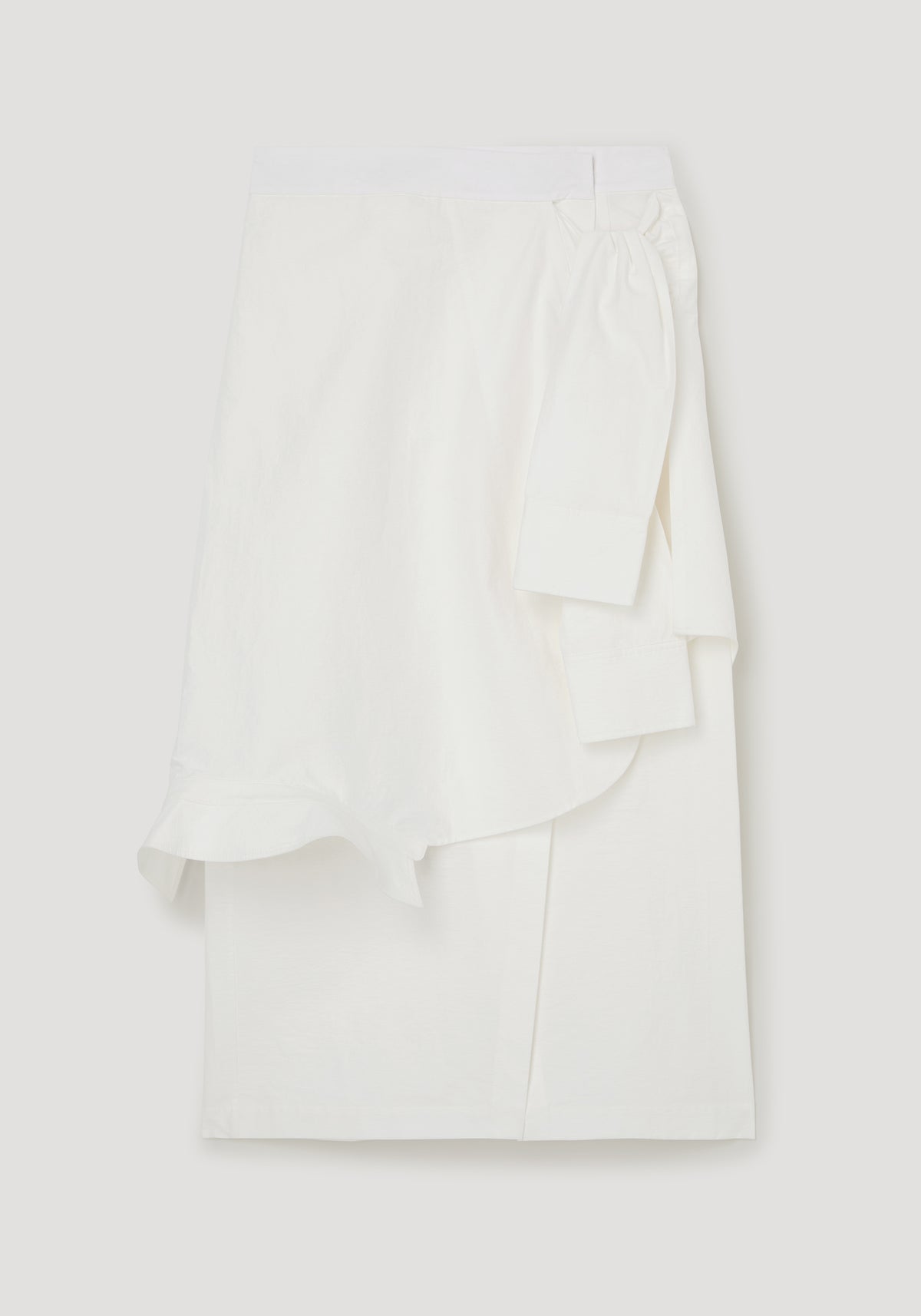 Shirt-wrap detailed skirt | optic white shown flat with layered wrap panels and an asymmetric hem on a light background