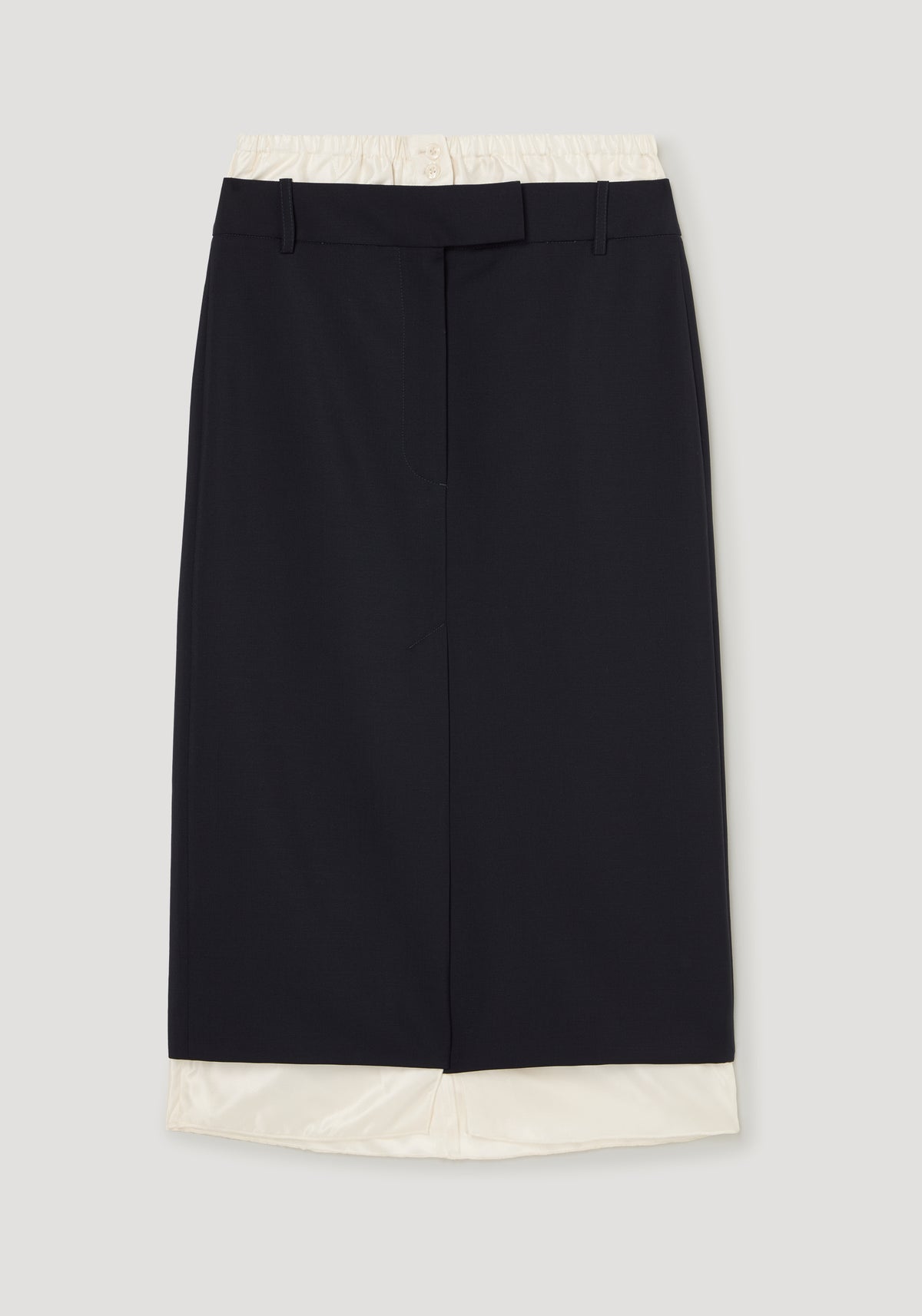 Boxer detailed skirt | navy laid flat showing a dark navy knee length skirt with waistband belt loops and a contrasting white boxer layer underneath