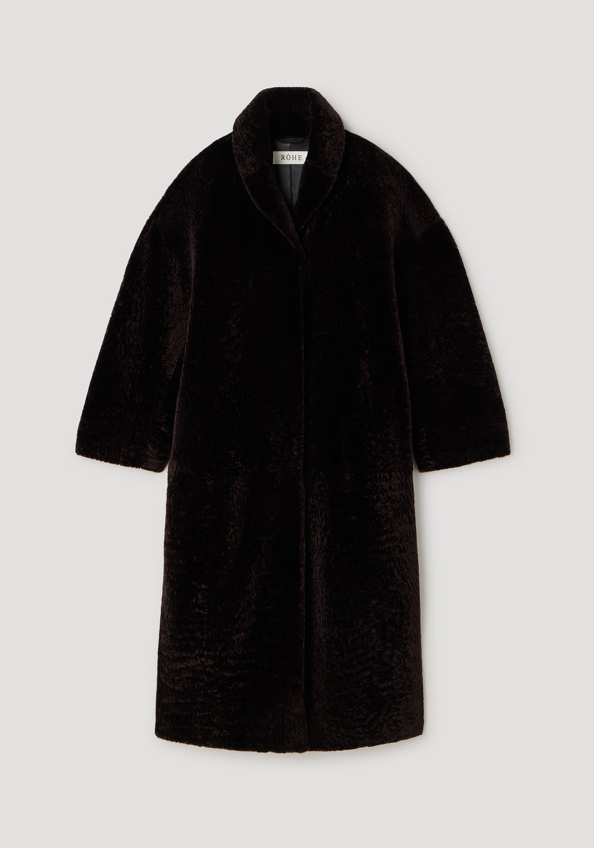 Shearling Shawl-Collar Coat | dark chocolate, long dark brown coat with a plush shawl collar and long sleeves displayed against a neutral background